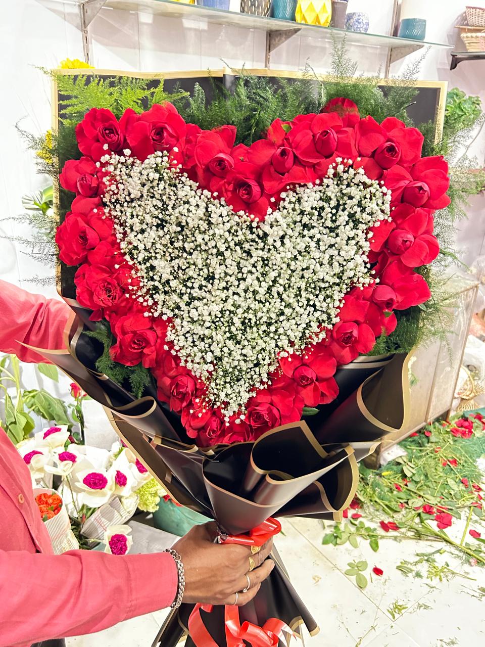 Red Rose & Baby Breath Heart