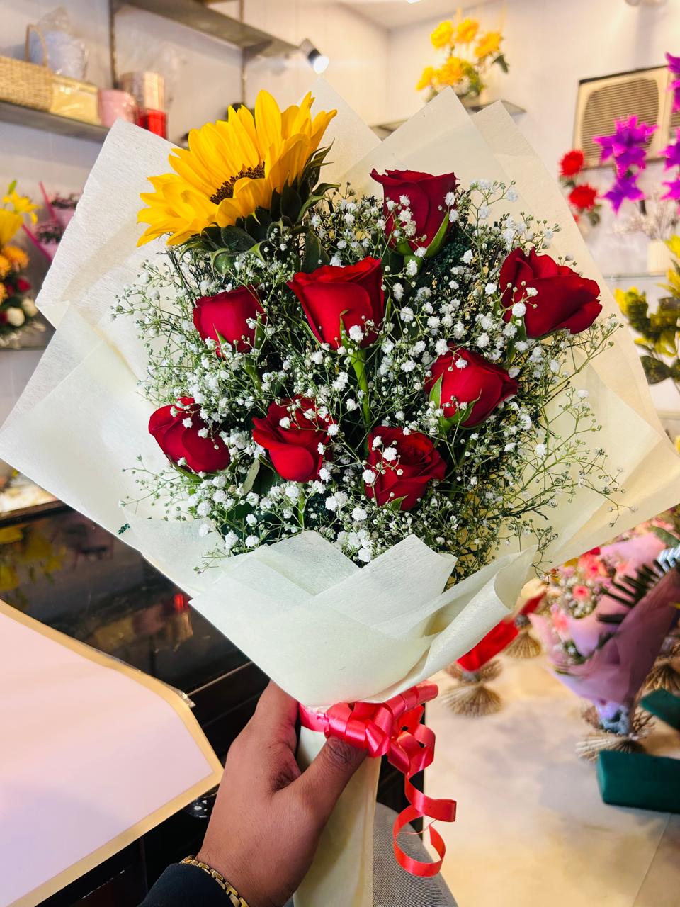 Red Rose Yellow Sunflower Small Size Bouquet