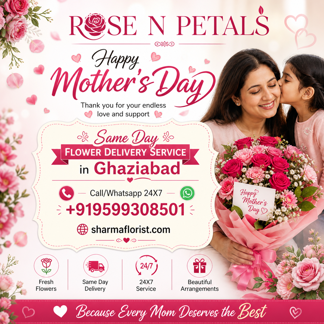 Mother's Day flower delivery bouquet in Ghaziabad by Rose N Petals